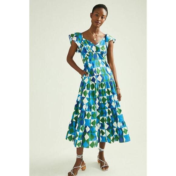 FARM RIO Medium Tiered Maxi Dress Carmelita Geometric Blue Green Ruffle - Picture 4 of 9
